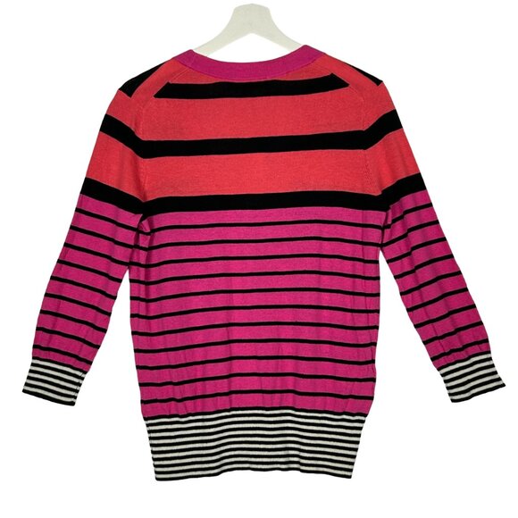 Ann Taylor Loft Cardigan Sweater Women M Stripe 3/4 Sleeve Button Up Pink Orange - Picture 2 of 12